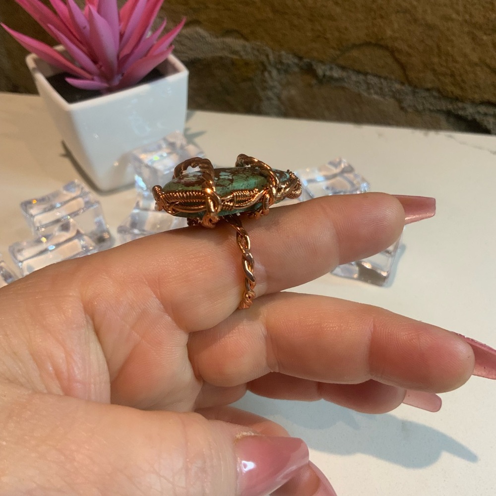 Copper Wire Wrapped Lander Turquoise Ring - image 3